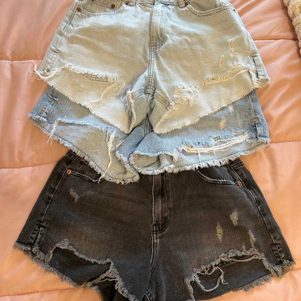 Zara Light Blue and Black Distressed Denim Shorts Set (Kids)